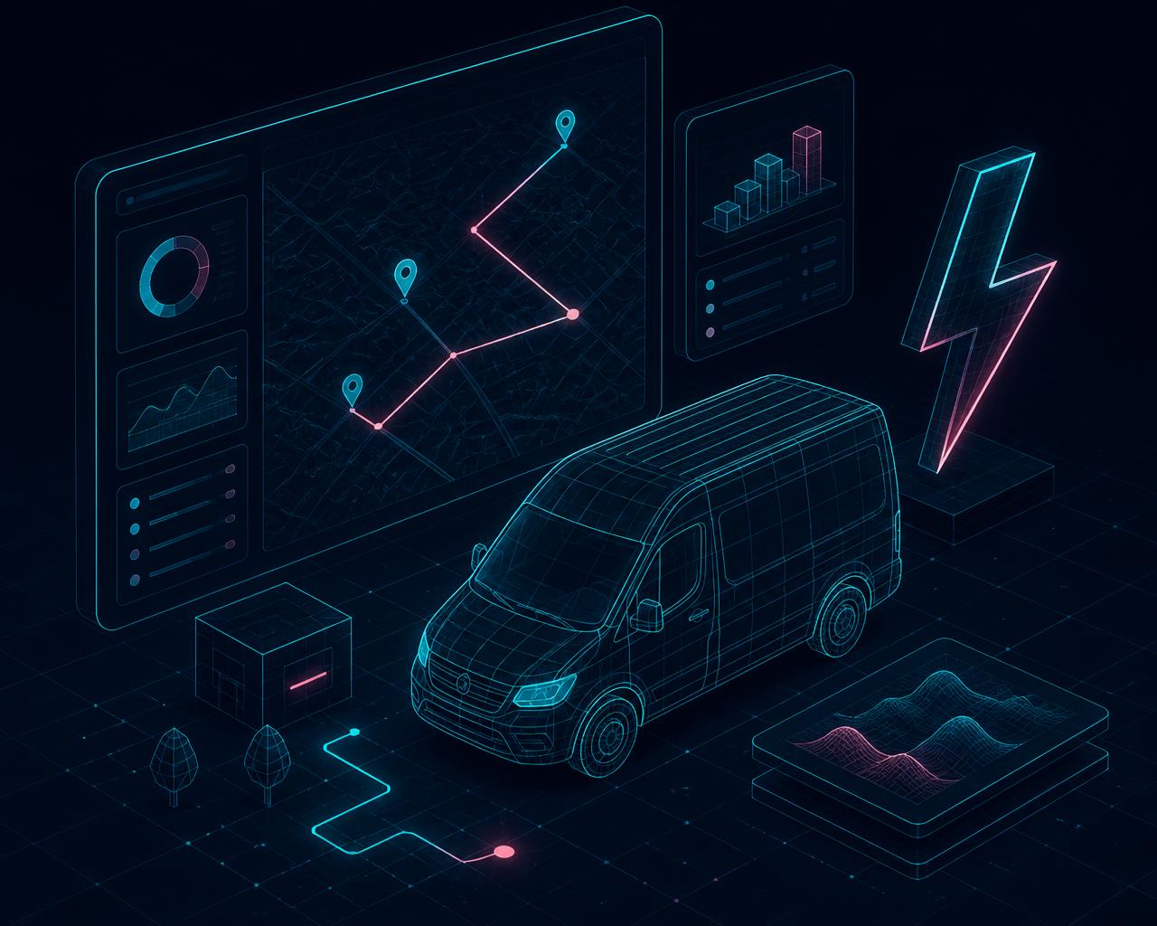 Isometric wireframe of a service van connected to dispatch dashboards